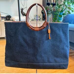 Fossil Denim Purse Handbag Tote Round Leather Handles Floral Lining A++